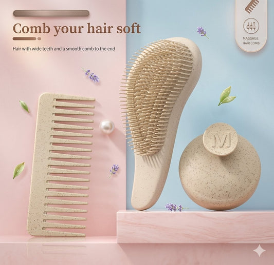Juego de cepillo y peine de paja de trigo ecológico 3 en 1, masajeador de cuero cabelludo de silicona, champú, cepillo de masaje para el cabello